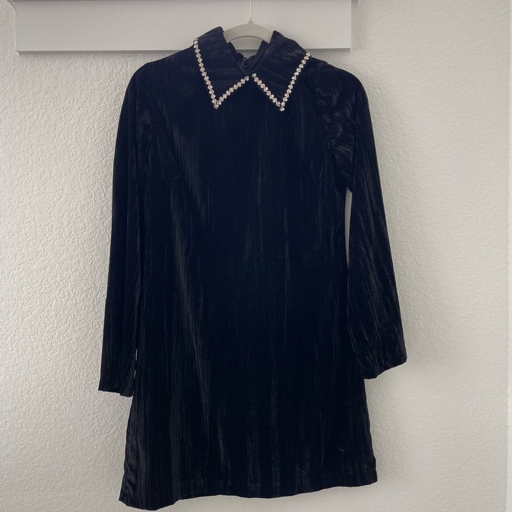 Zara Black Rhinestone collar long sleeve dress